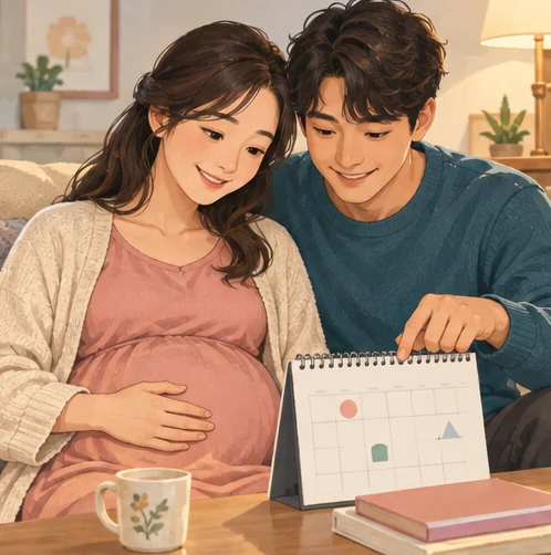 임신부와 가족이 기록과 접종 일정을 살펴보는 장면 (AI 설명용 삽화)