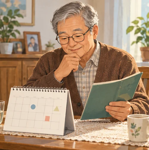 어르신이 개인 기록과 달력을 함께 확인하는 장면 (AI 설명용 삽화)