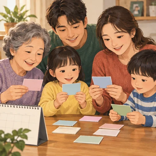가족 구성원별 접종 예약 카드를 나누는 장면 (AI 설명용 삽화)