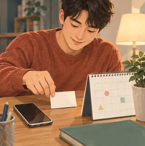 달력과 전화기 옆에 방문 예약 카드를 준비하는 장면 (AI 설명용 삽화)