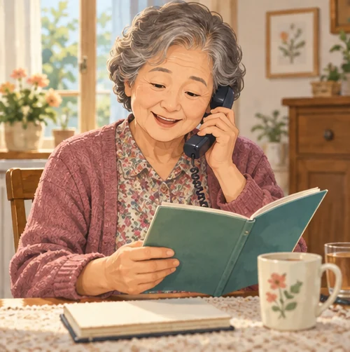 어르신이 접종수첩을 보며 의료기관에 문의하는 장면 (AI 설명용 삽화)