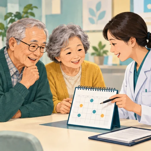 어르신 부부가 의료진과 접종 일정을 상담하는 장면 (AI 설명용 삽화)