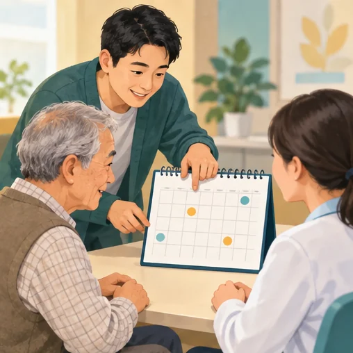 가족이 어르신의 접종 가능일을 의료진과 확인하는 장면 (AI 설명용 삽화)