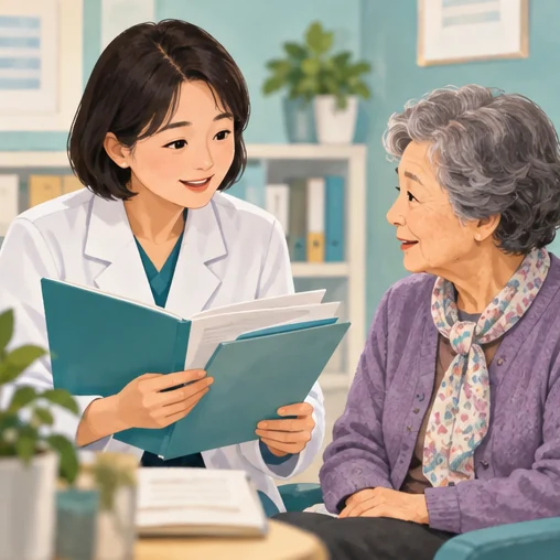 의료진이 어르신의 기록을 보며 일정을 검토하는 장면 (AI 설명용 삽화)