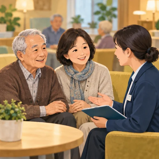 시설 어르신과 가족이 담당자에게 접종 계획을 묻는 장면 (AI 설명용 삽화)