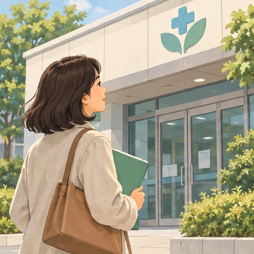 기록을 챙겨 지역 보건소를 방문하는 장면 (AI 설명용 삽화)