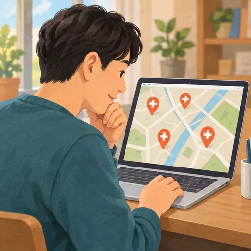 지정의료기관 위치를 검색하는 장면 (AI 설명용 삽화)
