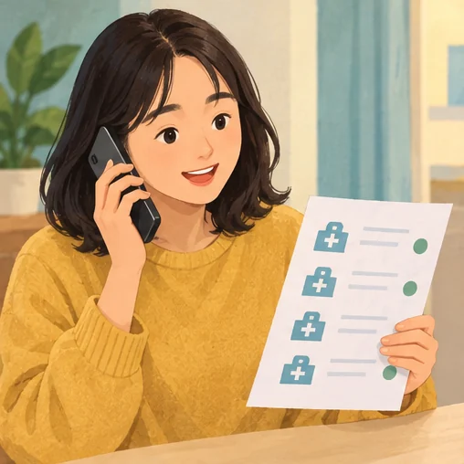 의료기관 목록을 보며 전화로 운영일을 확인하는 장면 (AI 설명용 삽화)