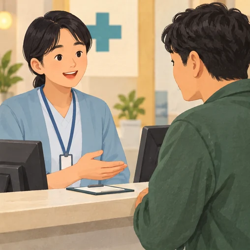 접수창구에서 방문 가능 시간을 문의하는 장면 (AI 설명용 삽화)