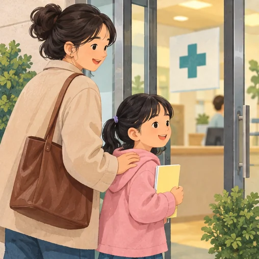 보호자와 어린이가 기록을 챙겨 의료기관에 방문하는 장면 (AI 설명용 삽화)