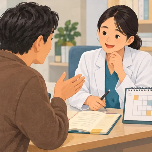 의료진에게 기록과 달력을 보여주며 일정을 문의하는 장면 (AI 설명용 삽화)