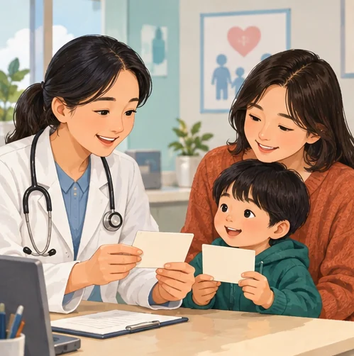 보호자가 어린이의 후속 접종 일정을 의료진과 확인하는 장면 (AI 설명용 삽화)