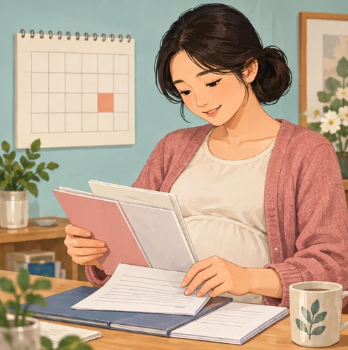 임신부가 임신 확인자료와 방문 일정을 준비하는 장면 (AI 설명용 삽화)