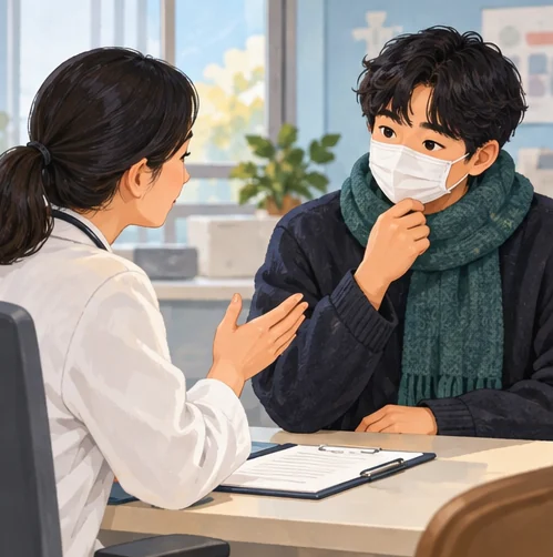 몸이 불편한 사람이 의료진과 접종 시점을 상담하는 장면 (AI 설명용 삽화)