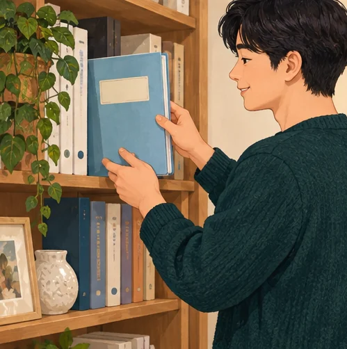 접종 뒤 새 기록을 개인 자료와 함께 보관하는 장면 (AI 설명용 삽화)