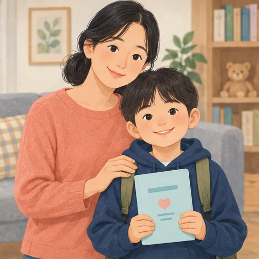 아이의 건강 기록 수첩을 함께 챙기는 보호자와 어린이 (AI 설명용 삽화)