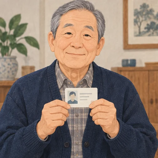 방문 전에 본인의 신분 확인 자료를 살펴보는 어르신 (AI 설명용 삽화)