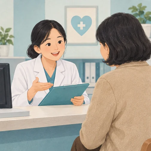 접수 창구에서 준비한 자료에 관해 문의하는 방문자 (AI 설명용 삽화)