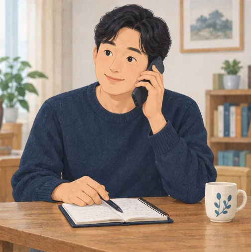 서류와 방문 일정을 전화로 확인하는 모습 (AI 설명용 삽화)