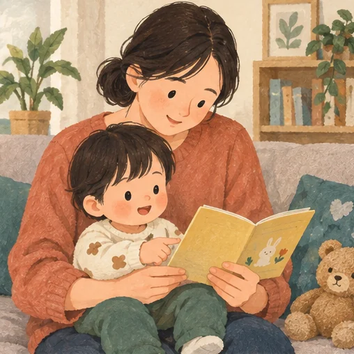 보호자와 어린아이가 기록 수첩을 함께 살펴보는 장면 (AI 설명용 삽화)