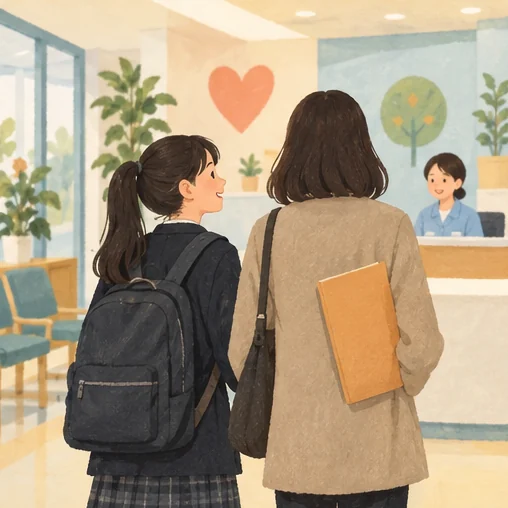 준비한 폴더를 가지고 접수 창구를 찾는 학생과 보호자 (AI 설명용 삽화)