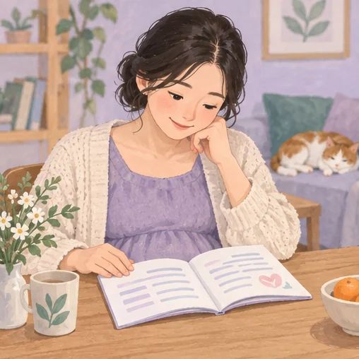 산모수첩의 기록을 집에서 살펴보는 임신부 (AI 설명용 삽화)