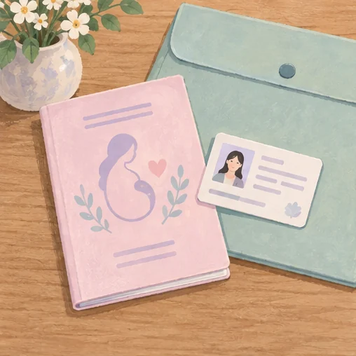 산모수첩·신분 확인 자료·폴더를 함께 준비한 모습 (AI 설명용 삽화)