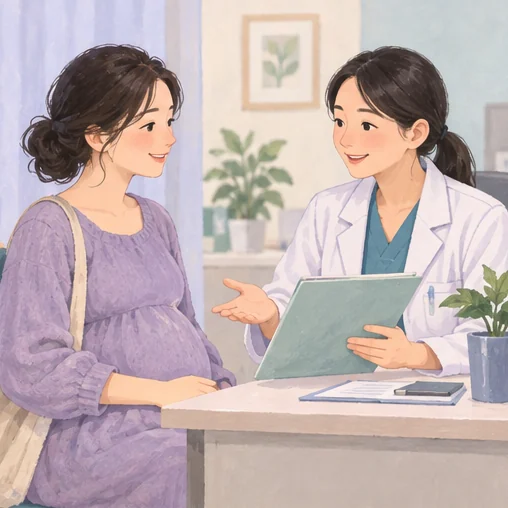 임신 확인 자료와 방문 준비에 관해 의료진과 대화하는 모습 (AI 설명용 삽화)