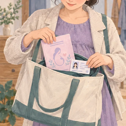 방문 전에 필요한 자료를 가방에 넣는 임신부 (AI 설명용 삽화)
