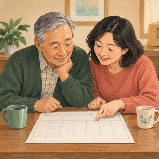 가족과 함께 방문할 날짜를 달력에서 확인하는 모습 (AI 설명용 삽화)