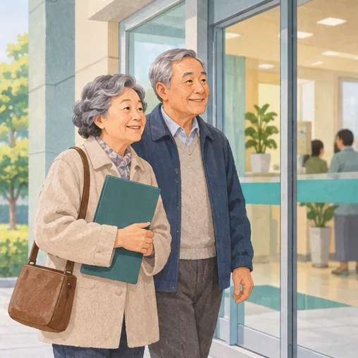 필요한 자료를 챙겨 접종기관에 도착한 어르신 부부 (AI 설명용 삽화)