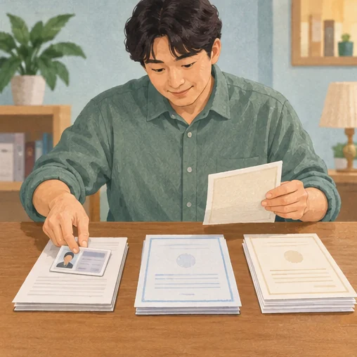 지원 자격을 확인할 자료를 종류별로 정리하는 모습 (AI 설명용 삽화)