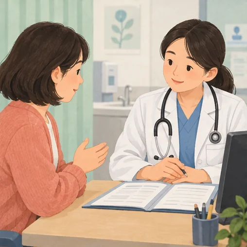 예진에서 건강 상태와 과거 기록에 관해 대화하는 모습 (AI 설명용 삽화)