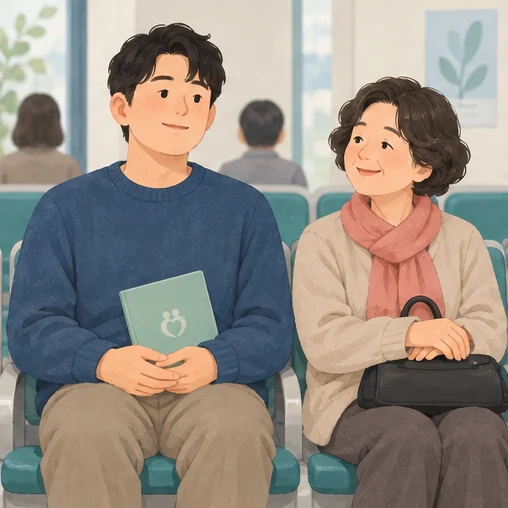 가족과 함께 접종기관의 안내를 기다리는 모습 (AI 설명용 삽화)