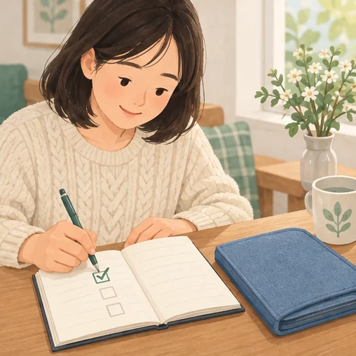 방문 후 본인의 접종 기록을 정리하는 모습 (AI 설명용 삽화)
