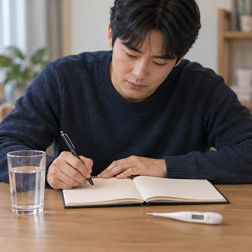 체온계와 물을 곁에 두고 증상 변화를 메모하는 장면 (AI 설명용 삽화)