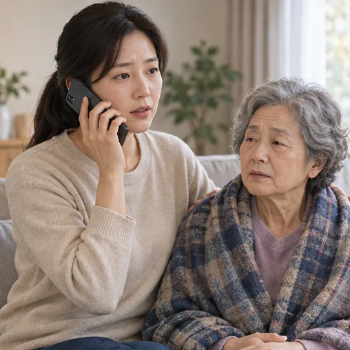 고령 가족 옆에서 보호자가 전화 상담을 하는 장면 (AI 설명용 삽화)
