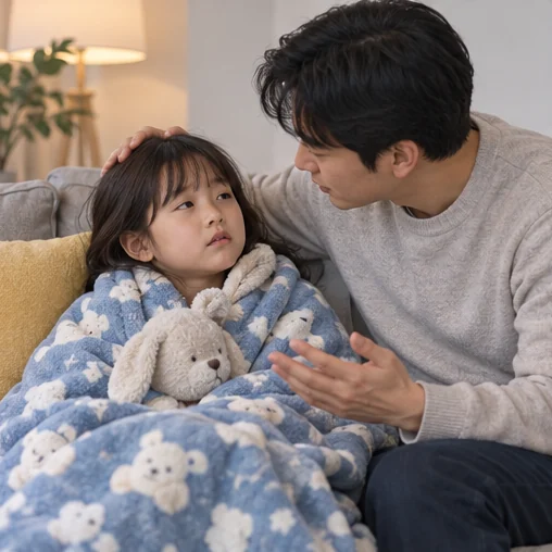 부모가 소파에서 쉬는 아이에게 말을 건네는 장면 (AI 설명용 삽화)