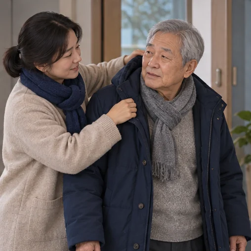가족이 고령자의 외투를 챙겨 진료 방문을 준비하는 장면 (AI 설명용 삽화)