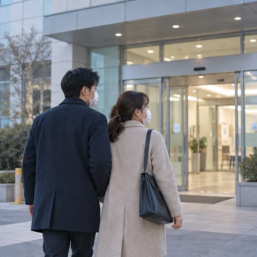 마스크를 쓴 두 사람이 병원 출입구로 걸어가는 장면 (AI 설명용 삽화)