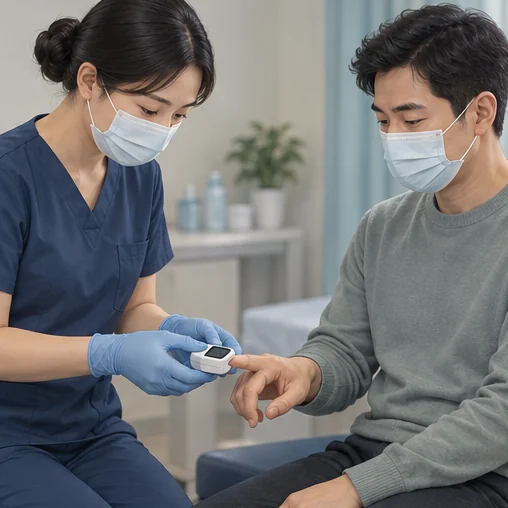 의료진이 환자의 손가락에 측정 센서를 살피는 장면 (AI 설명용 삽화)
