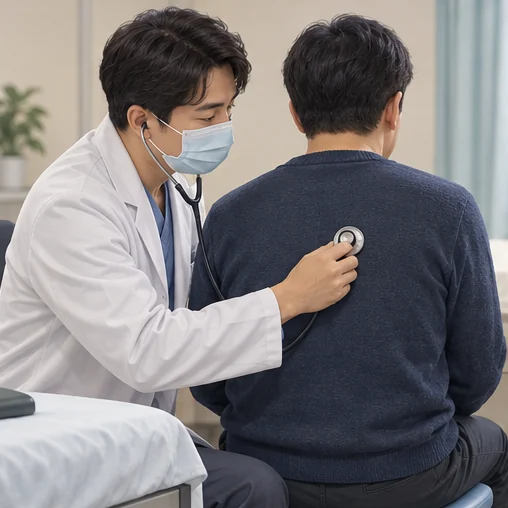 의료진이 환자의 등에서 청진기로 진찰하는 장면 (AI 설명용 삽화)