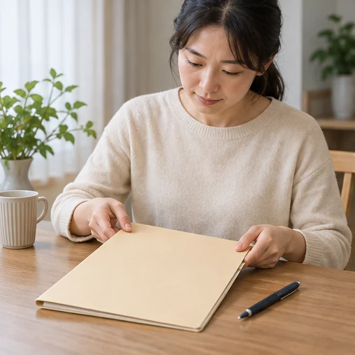보호자가 진료 자료를 담을 서류철을 정리하는 장면 (AI 설명용 삽화)