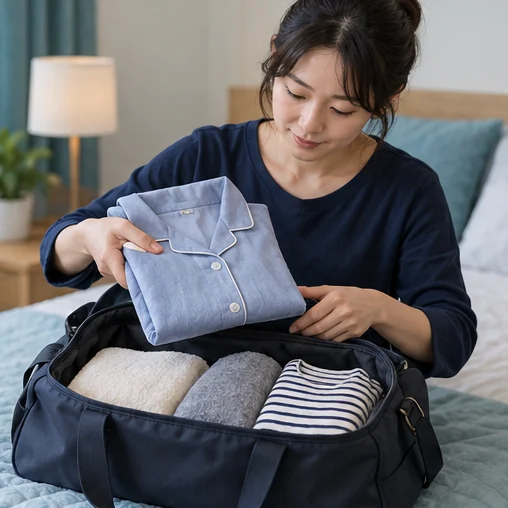 작은 가방에 잠옷과 여벌 옷을 넣는 장면 (AI 설명용 삽화)