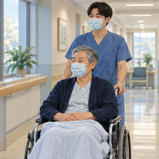 마스크를 쓴 환자의 휠체어 이동을 직원이 돕는 장면 (AI 설명용 삽화)