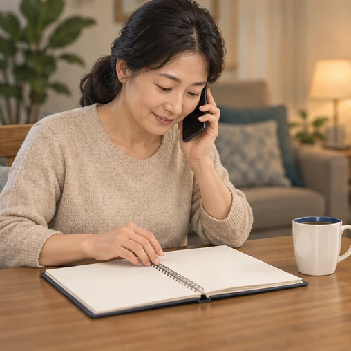 보호자가 회복 기록을 확인하며 전화 상담하는 장면 (AI 설명용 삽화)