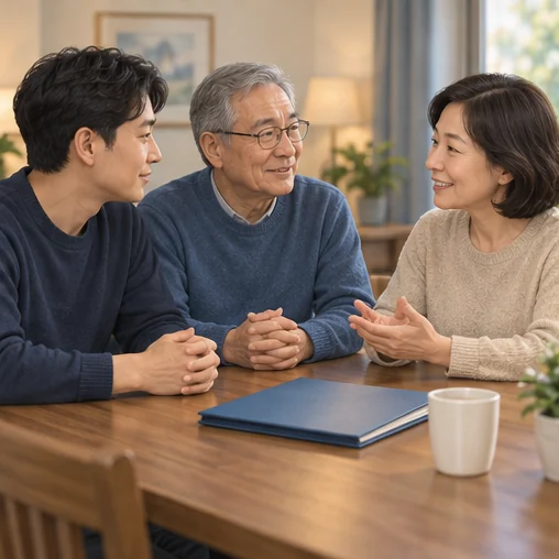가족이 건강 자료를 곁에 두고 회복 계획을 이야기하는 장면 (AI 설명용 삽화)