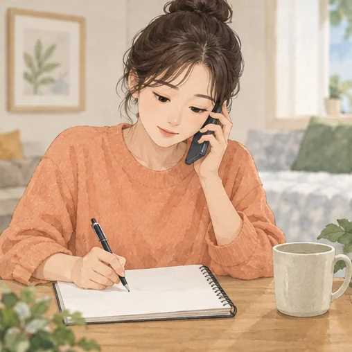 문의할 내용을 통화하며 기록하는 모습 (AI 설명용 삽화)