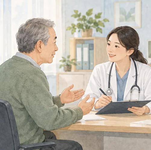고령자의 진료 내용을 의료진과 상담하는 모습 (AI 설명용 삽화)