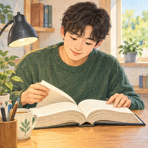 사전에서 낱말을 찾아보는 성인 (AI 설명용 삽화)